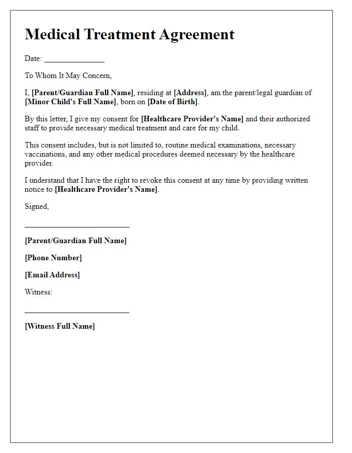 Letter template of agreement for minor child's medical treatment.