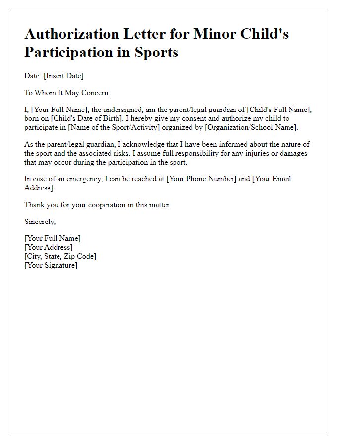 Letter template of authorization for minor child's participation in sports.