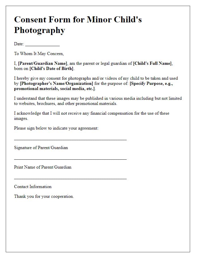 Letter template of consent form for minor child's photography.