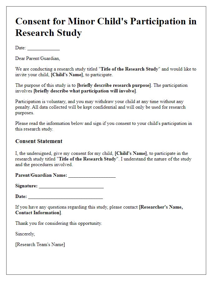 Letter template of consent for minor child's participation in research study.