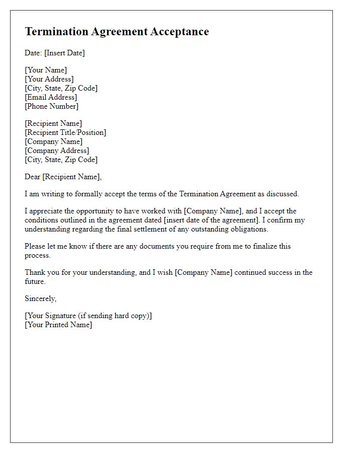 Letter template of Sample Termination Agreement Acceptance