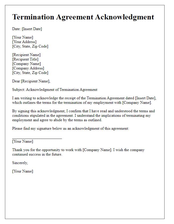 Letter template of Sample Termination Agreement Acknowledgment