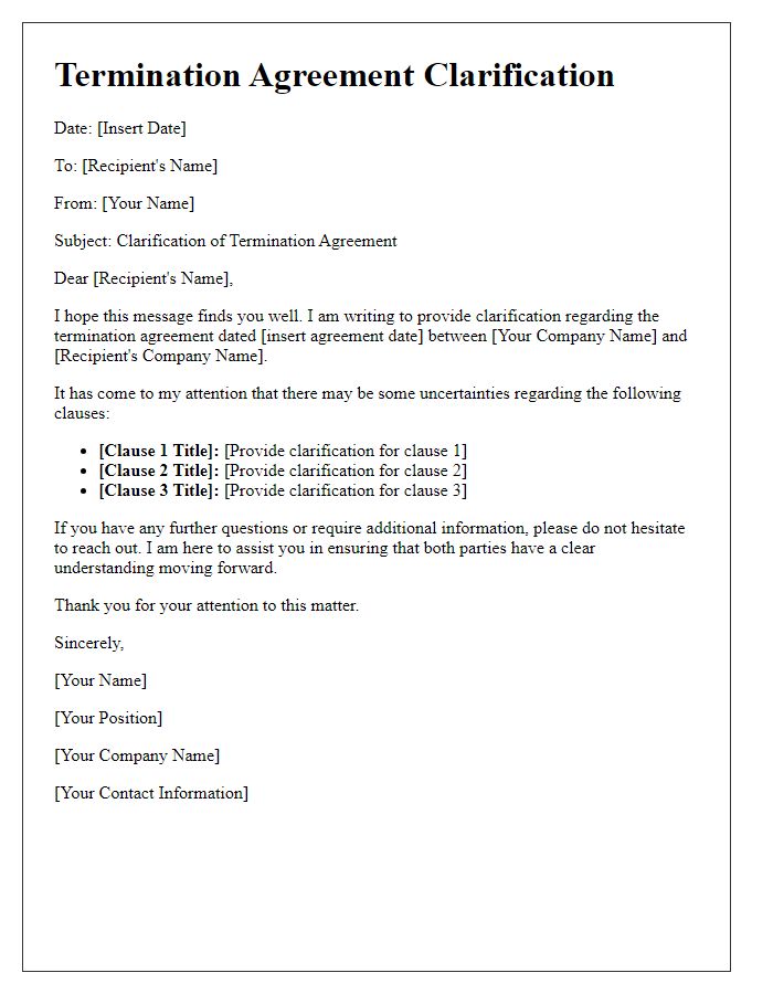 Letter template of Sample Termination Agreement Clarification