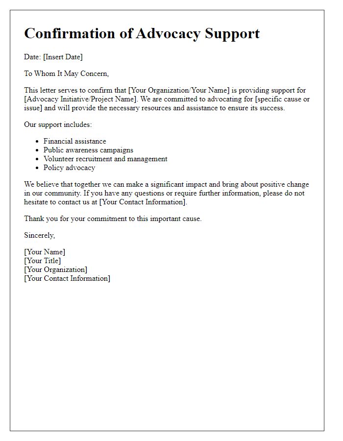 Letter template of Confirmation of Advocacy Support