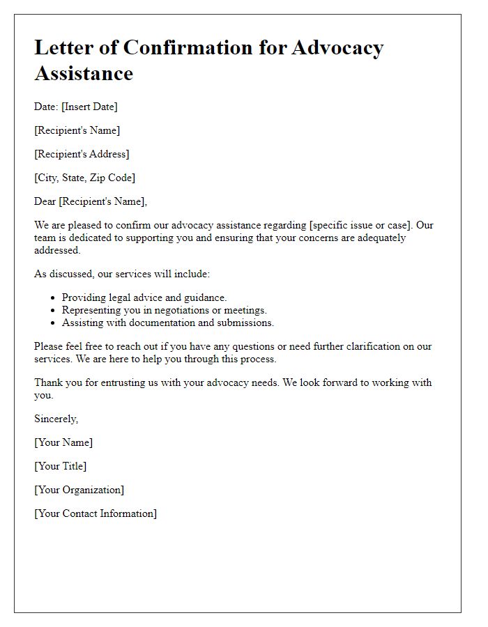 Letter template of Confirming Advocacy Assistance