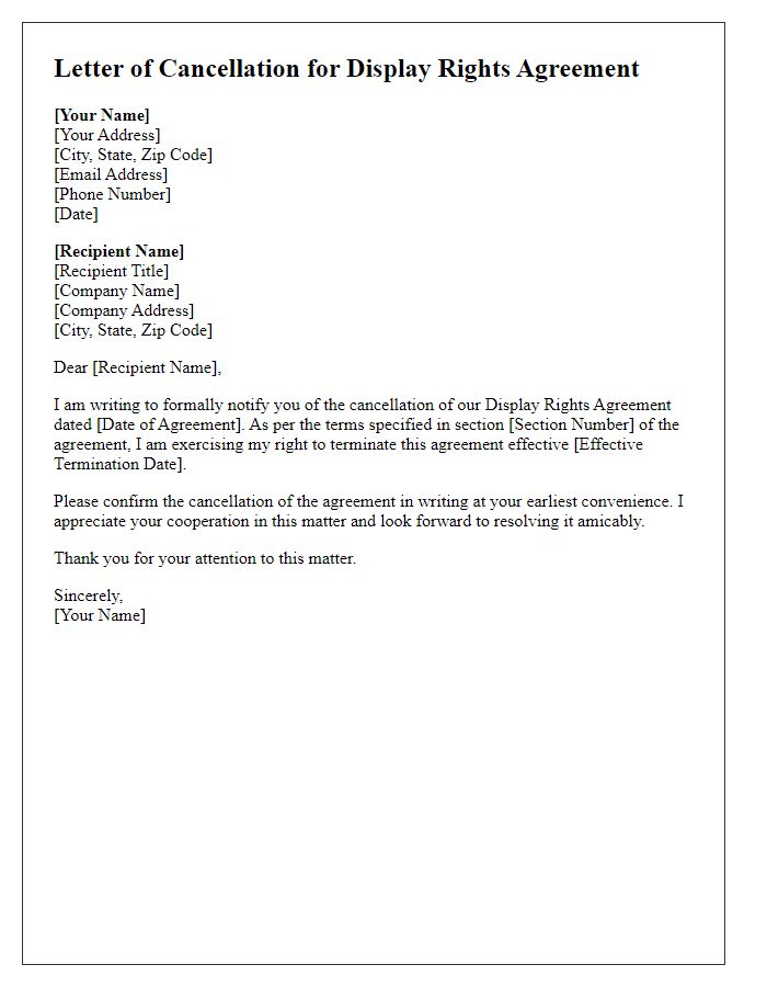 Letter template of cancellation for display rights agreement