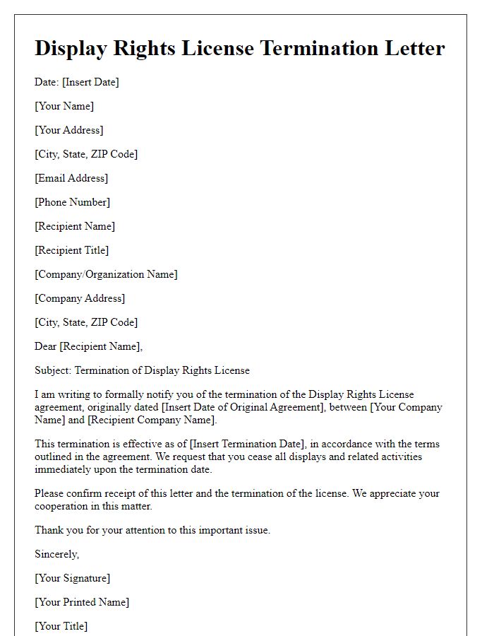 Letter template of display rights license termination