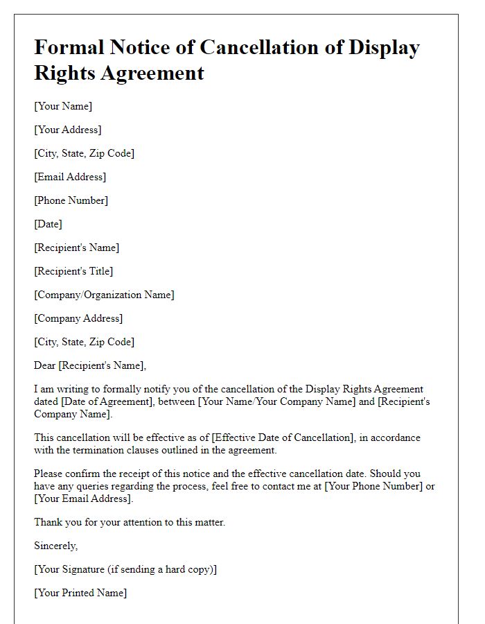 Letter template of formal notice for display rights agreement cancellation