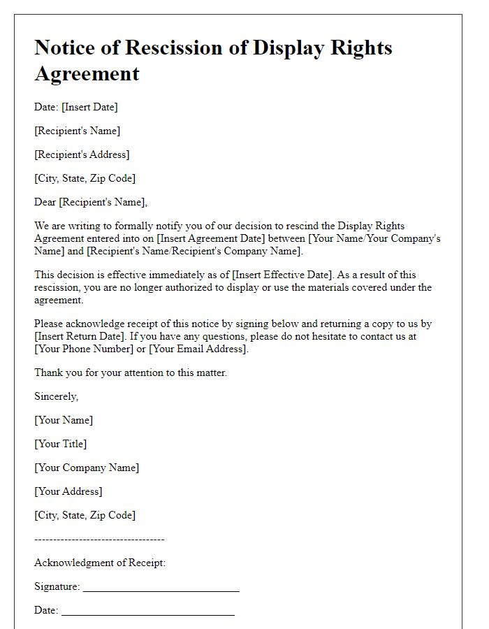 Letter template of notice to rescind display rights agreement