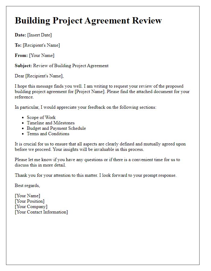 Letter template of building project agreement review