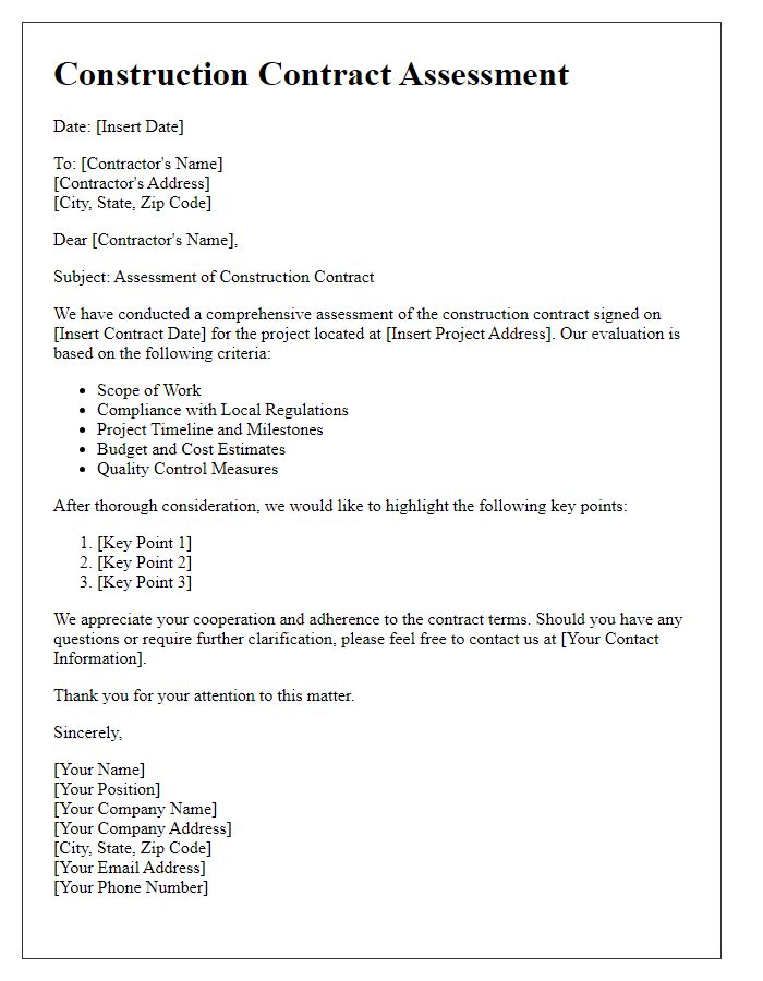 Letter template of construction contract assessment