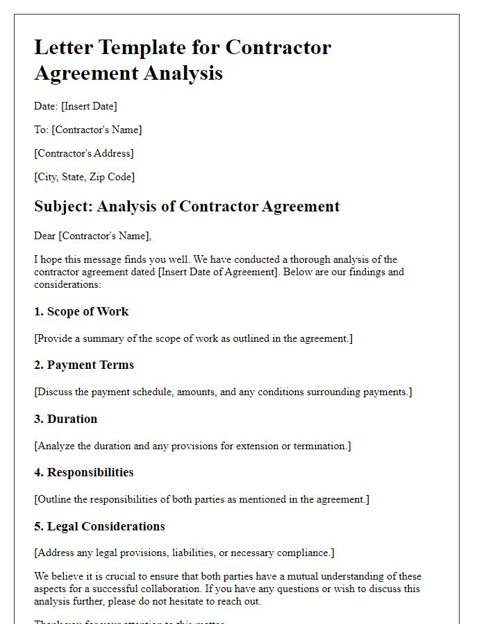 Letter template of contractor agreement analysis