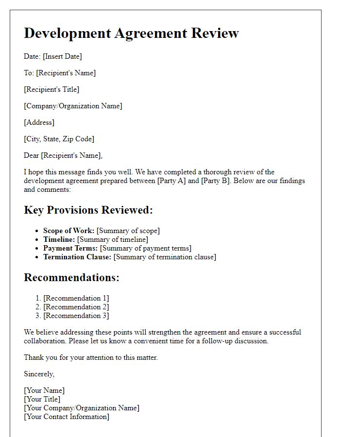 Letter template of development agreement review