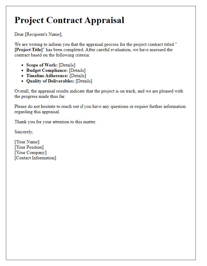 Letter template of project contract appraisal
