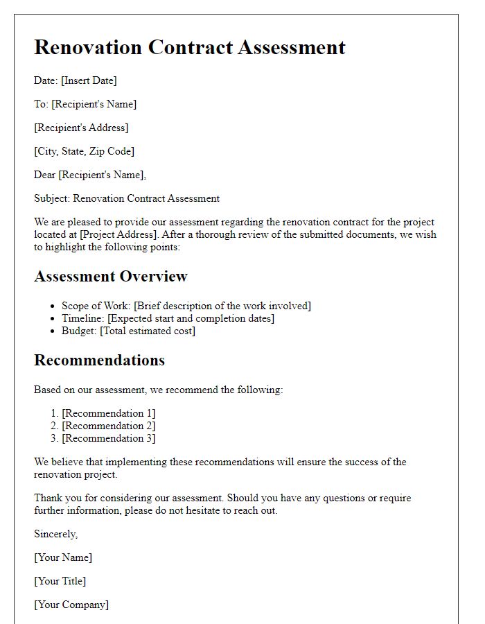 Letter template of renovation contract assessment