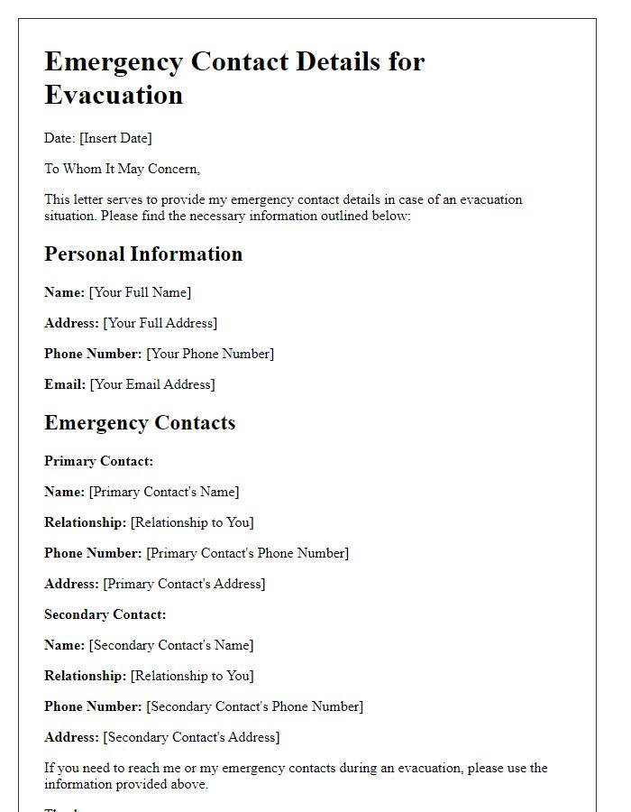 Letter template of emergency contact details for evacuation