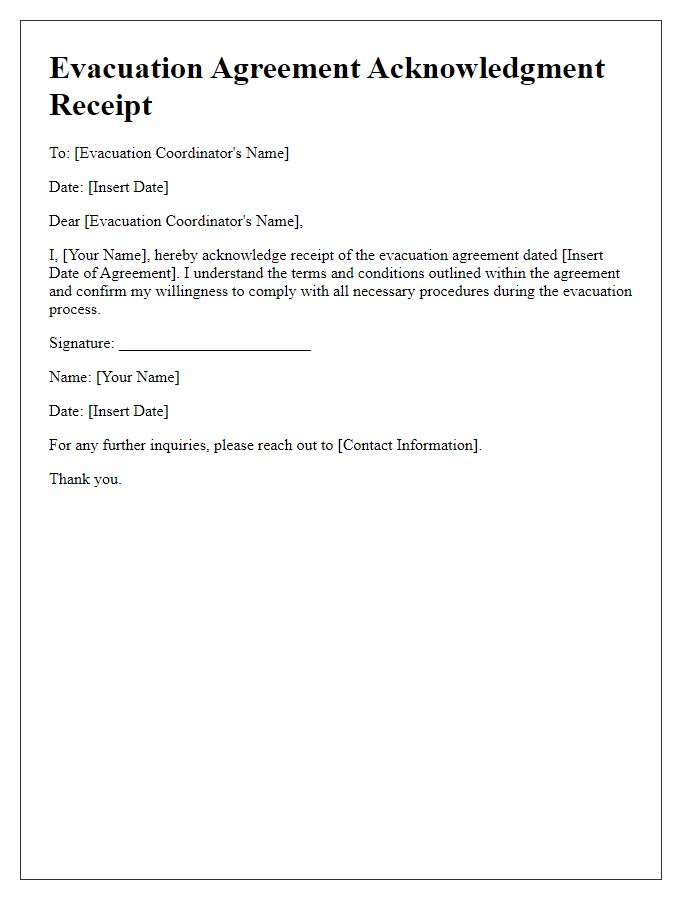 Letter template of evacuation agreement acknowledgment receipt