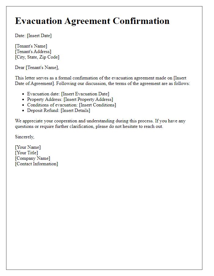 Letter template of evacuation agreement confirmation for tenants