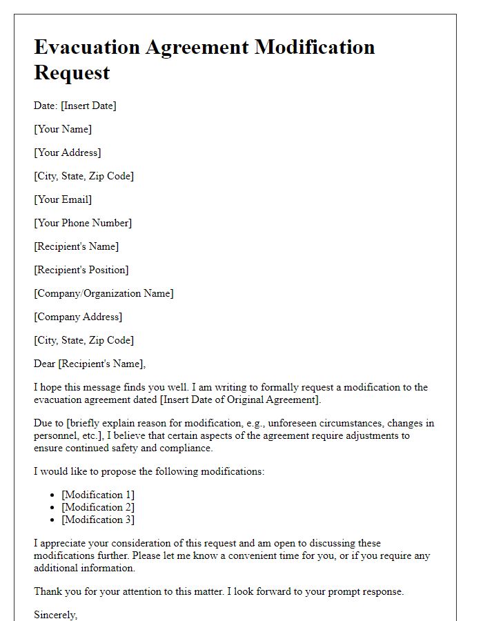 Letter template of evacuation agreement modification request