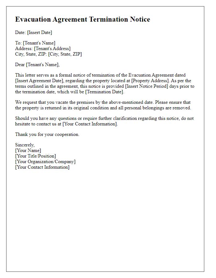 Letter template of evacuation agreement termination notice