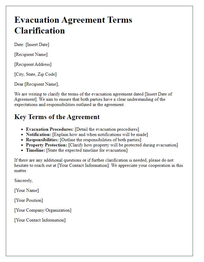 Letter template of evacuation agreement terms clarification