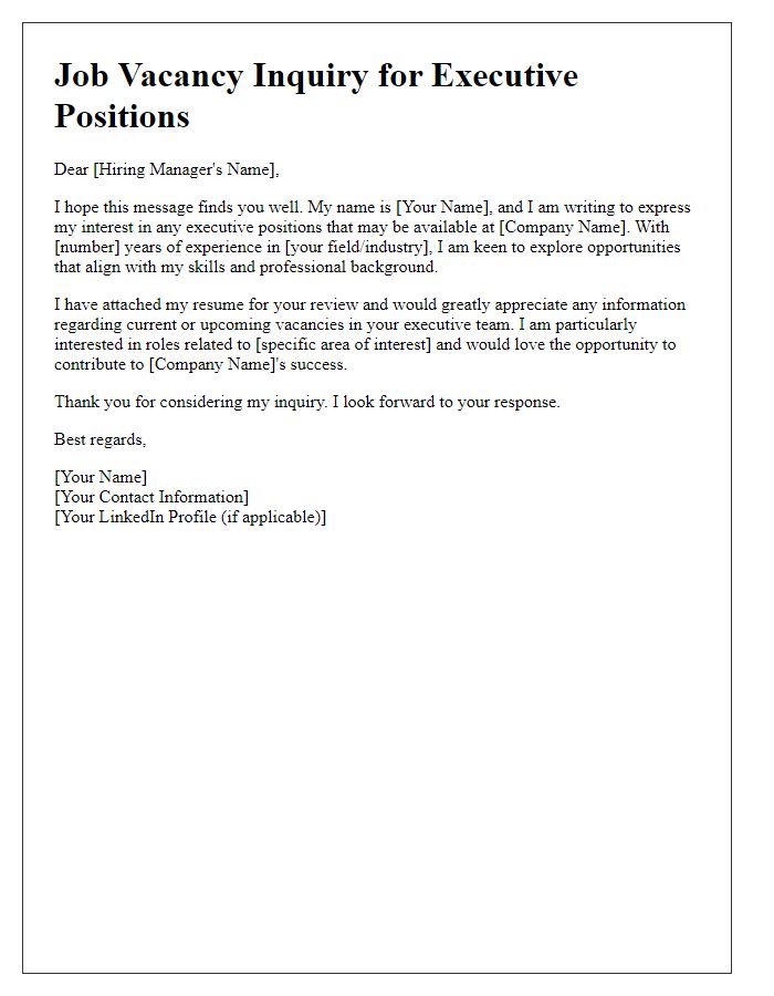 Letter template of job vacancy inquiry for executive positions