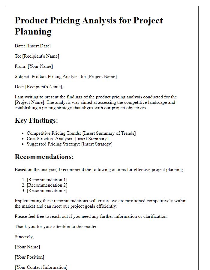 Letter template of product pricing analysis for project planning