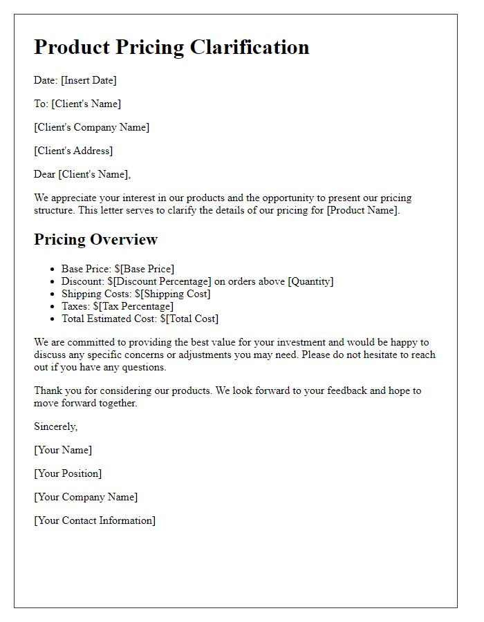 Letter template of product pricing clarifications for client presentation