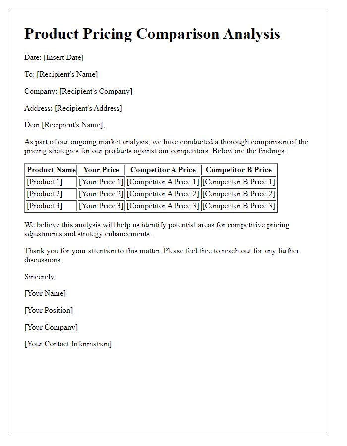 Letter template of product pricing comparison for market analysis