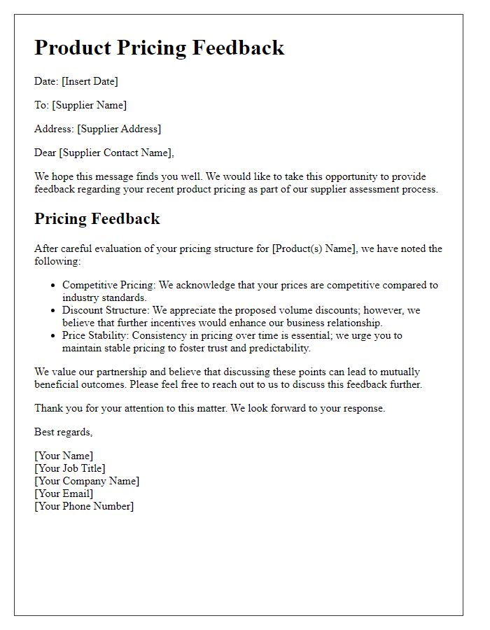 Letter template of product pricing feedback for supplier assessment