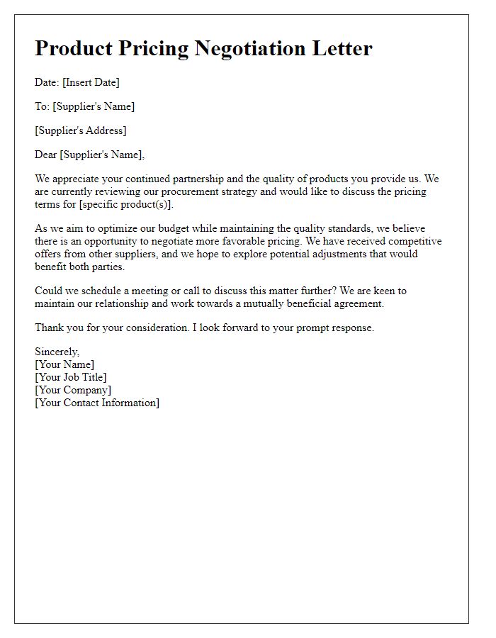 Letter template of product pricing negotiation for procurement