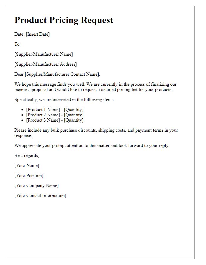 Letter template of product pricing request for a business proposal