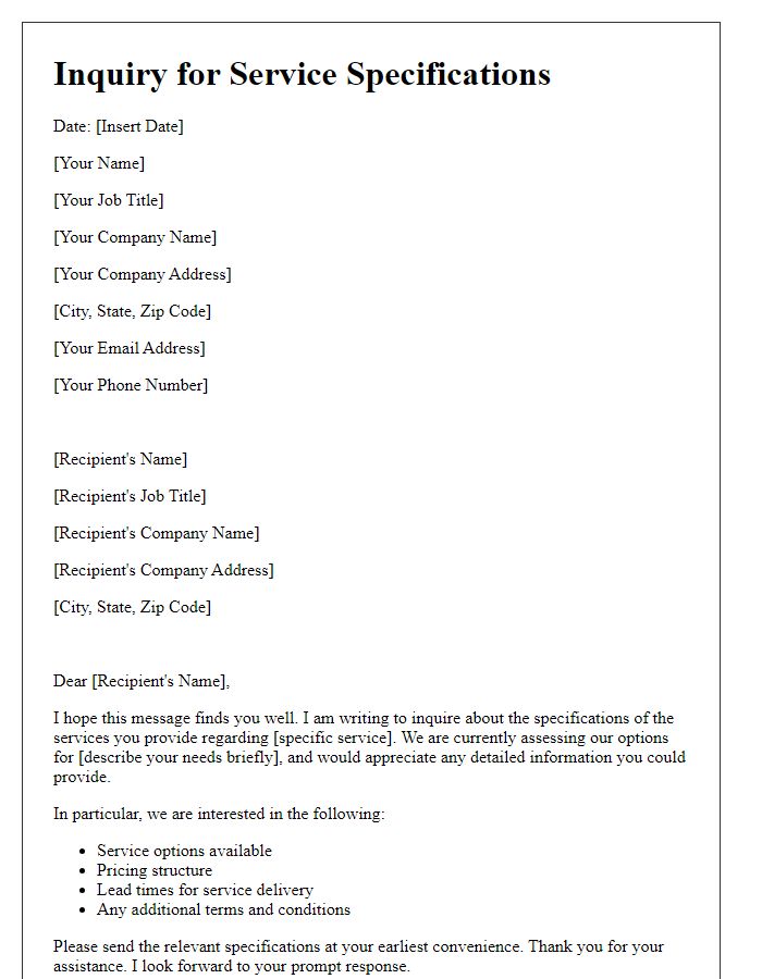 Letter template of inquiry for service specifications