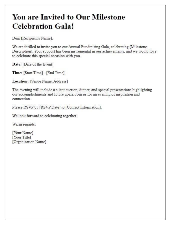 Letter template of milestone celebration invitation for a fundraising gala