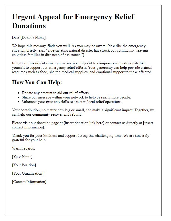 Letter template of emergency relief donation appeal