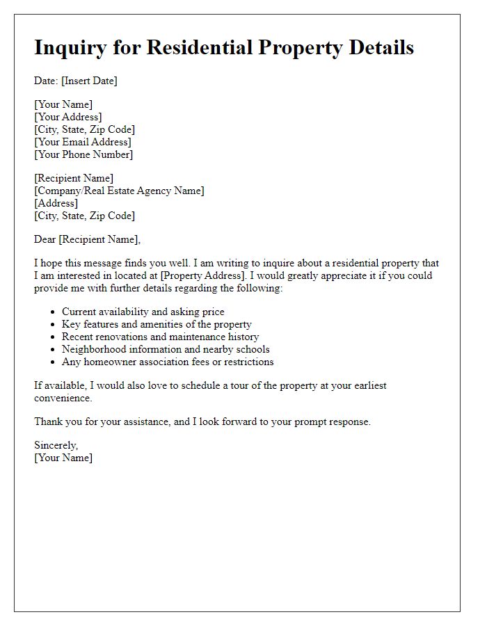 Letter template of inquiry for residential property details