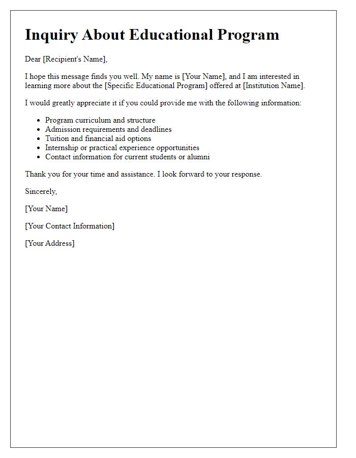 Letter template of inquiry for educational program details