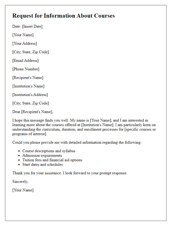 Letter template of request for information about courses