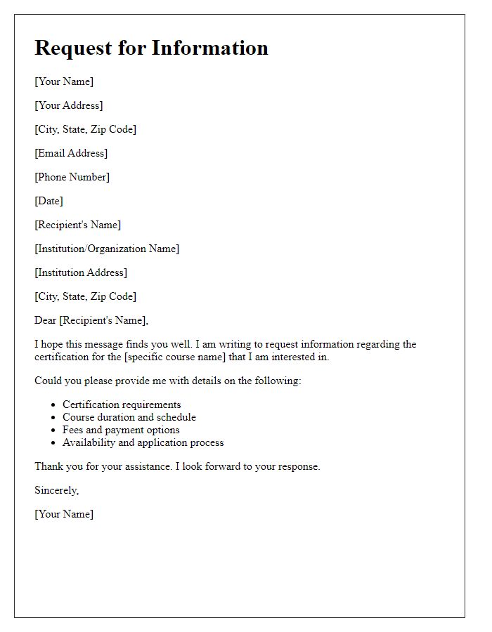 Letter template of request for information on course certification