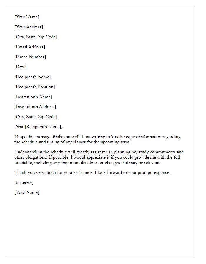 Letter template of request for schedule and timing of classes