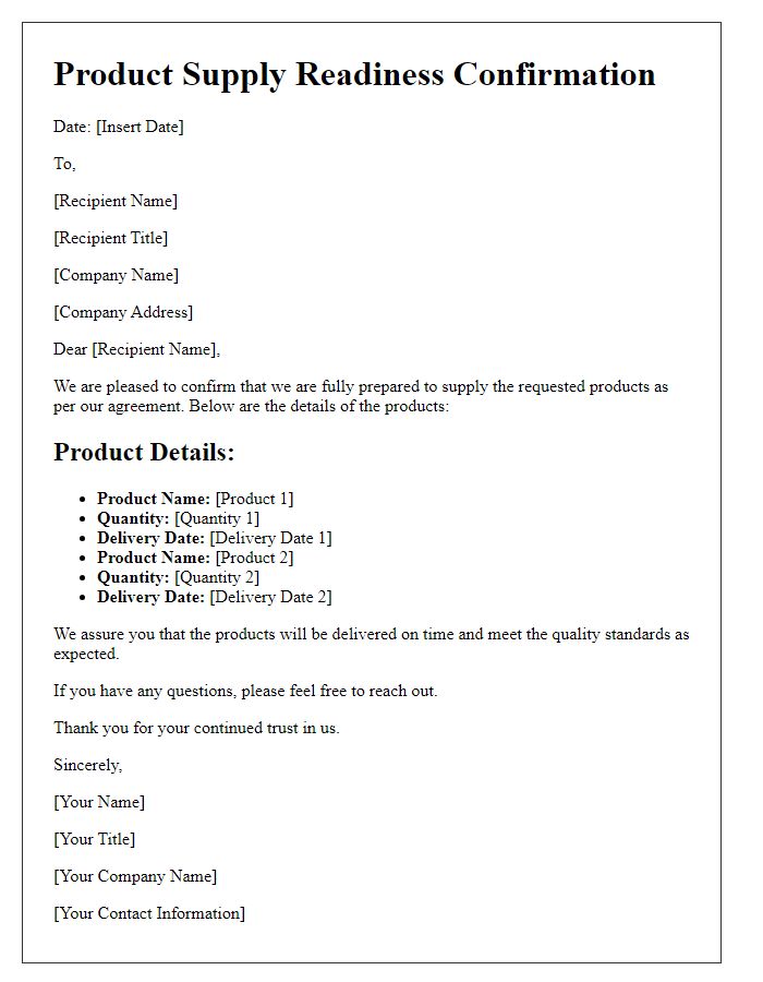 Letter template of product supply readiness confirmation