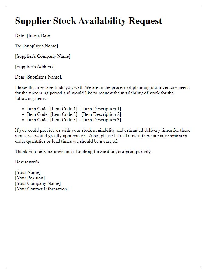 Letter template of supplier stock availability request