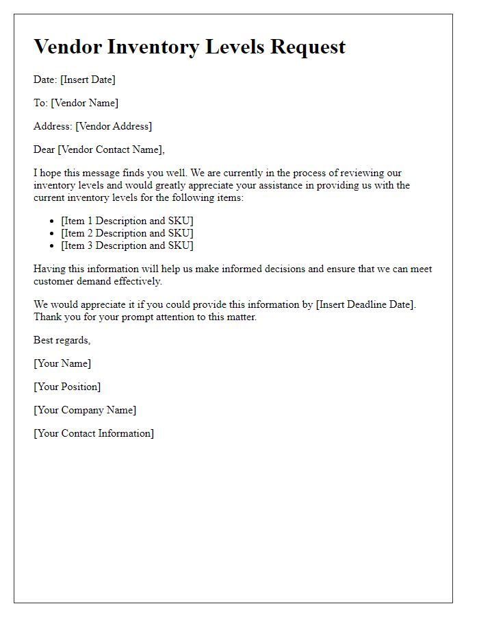 Letter template of vendor inventory levels request