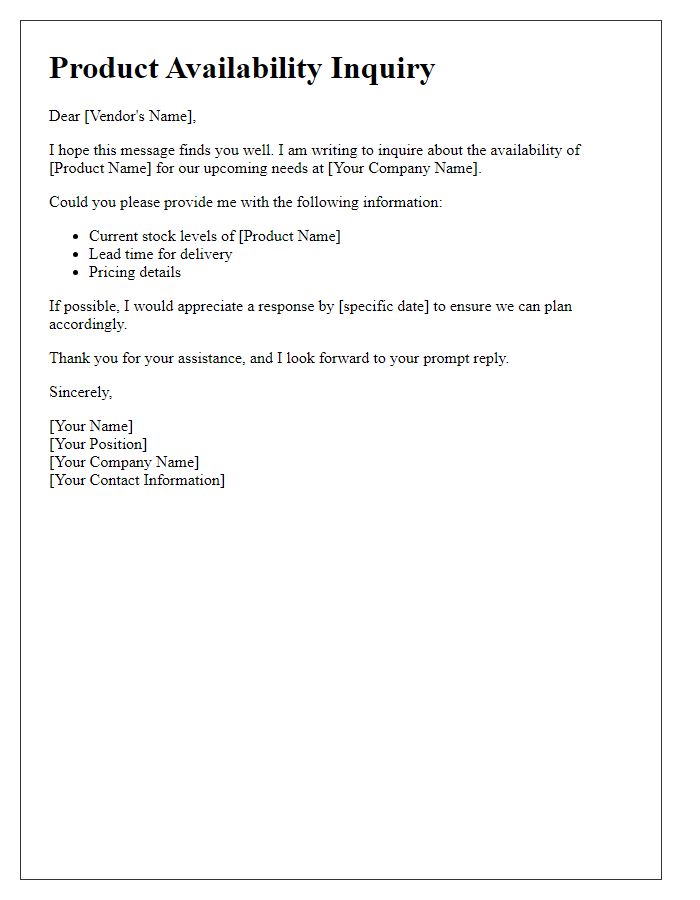 Letter template of vendor product availability inquiry