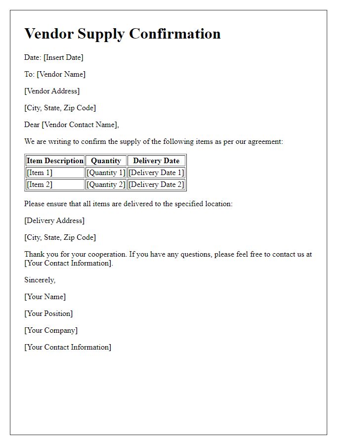 Letter template of vendor supply confirmation