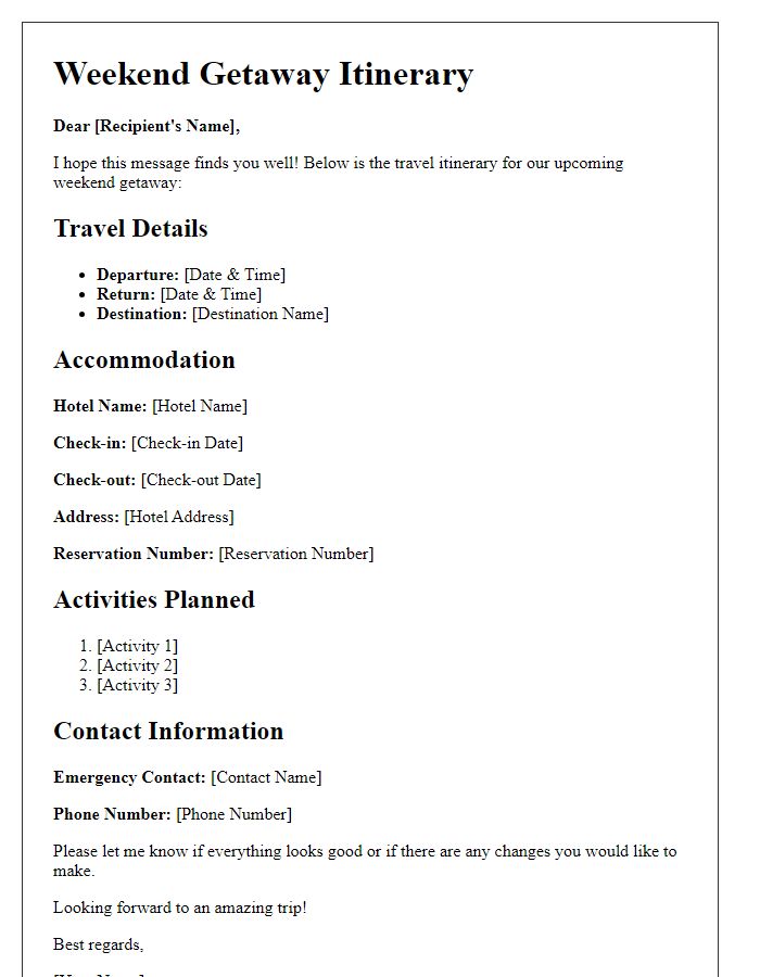 Letter template of travel itinerary check for weekend getaway