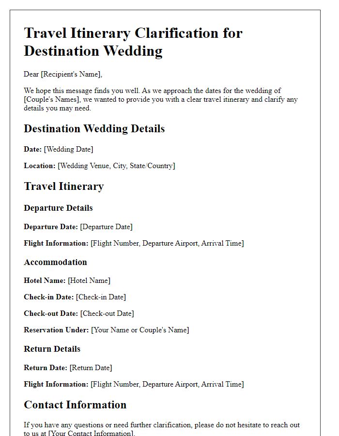 Letter template of travel itinerary clarification for destination wedding