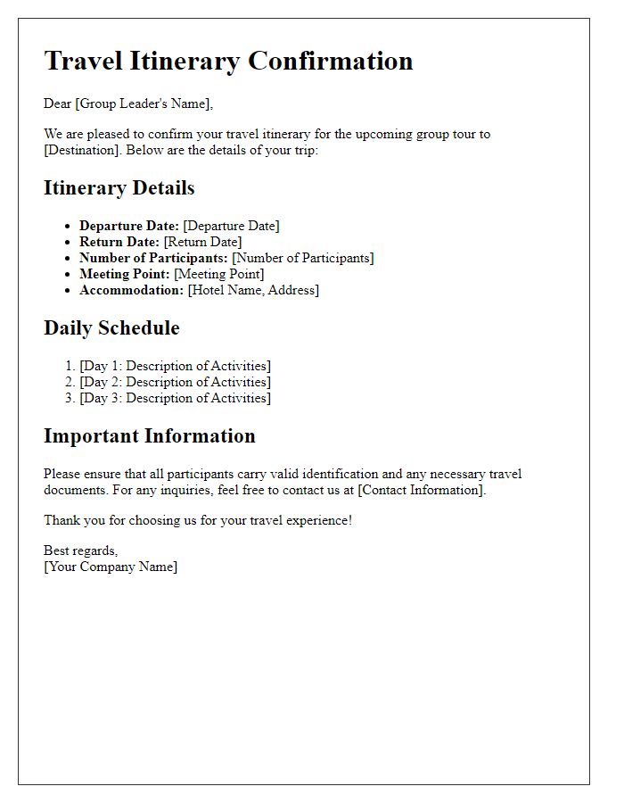 Letter template of travel itinerary confirmation for group tour