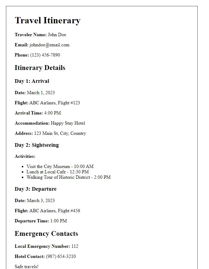 Letter template of travel itinerary details for solo traveler