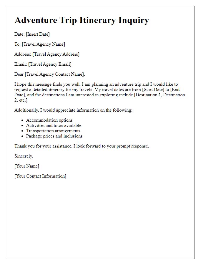 Letter template of travel itinerary inquiry for adventure trip